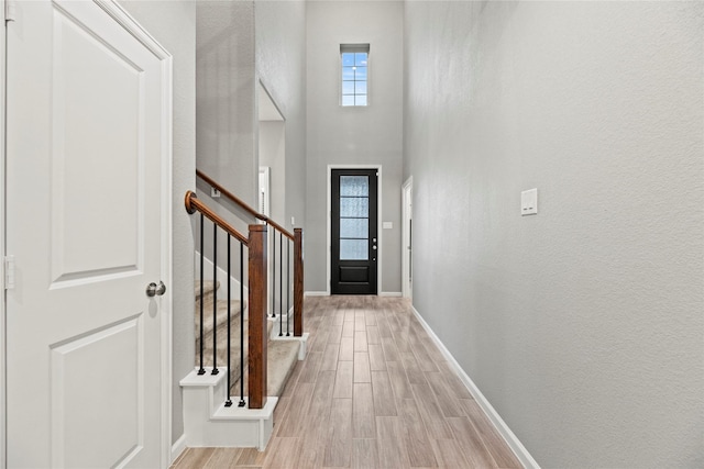 entryway featuring a high ceiling and light wood-type flooring