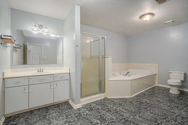 full bathroom featuring vanity, a textured ceiling, toilet, and separate shower and tub