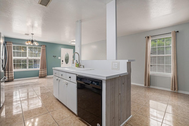 kitchen with sink, black dishwasher, white cabinets, a center island with sink, and decorative light fixtures