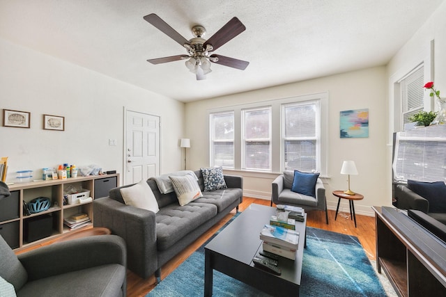 living room with hardwood / wood-style floors and ceiling fan