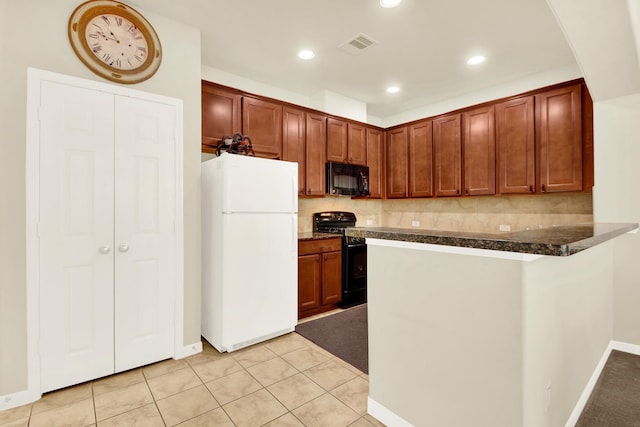 kitchen with decorative backsplash, black appliances, kitchen peninsula, and light tile patterned flooring