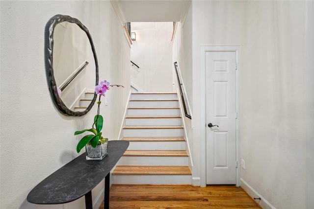 staircase with wood-type flooring