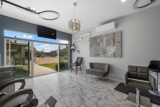 interior space featuring a wall mounted AC and an inviting chandelier