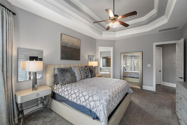 carpeted bedroom featuring ornamental molding, a raised ceiling, and ceiling fan