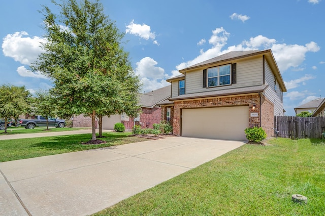 view of property with a garage and a front lawn