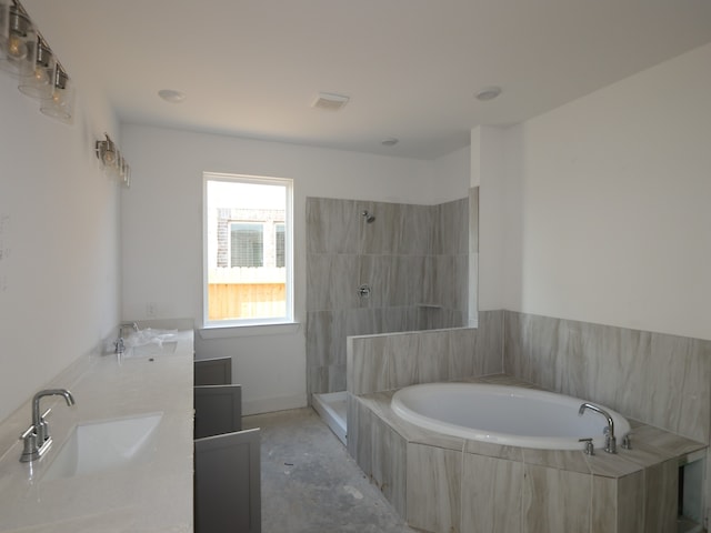 8411 Oceanmist Cove Dr, Cypress, TX 77433 - bathroom featuring tiled shower, a garden tub, and double vanity
