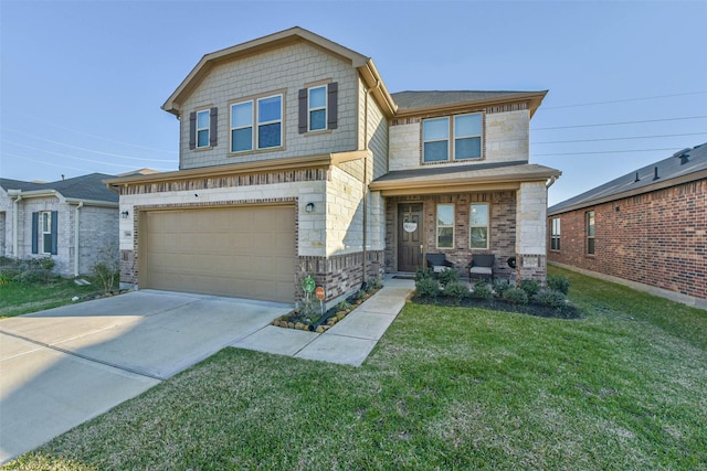 view of front of home featuring brick siding, a front yard, a garage, stone siding, and driveway