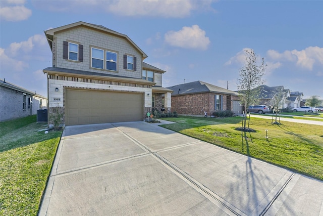 view of front of house featuring driveway, central air condition unit, a garage, and a front lawn