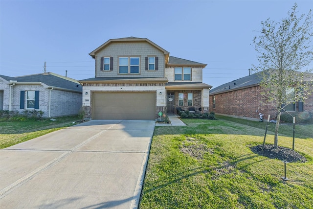 craftsman-style home with a front yard, concrete driveway, and an attached garage