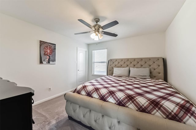 bedroom featuring ceiling fan, carpet floors, and baseboards