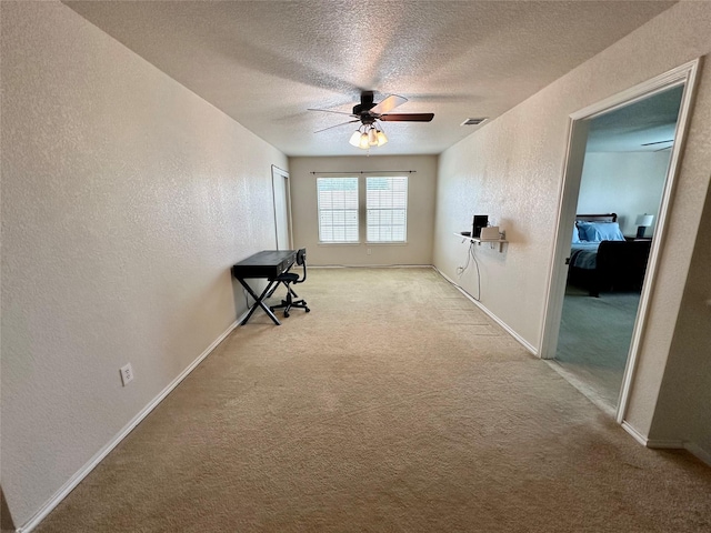 interior space with light colored carpet and a textured ceiling