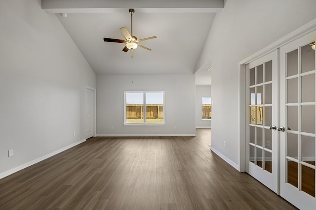 unfurnished room with ceiling fan, high vaulted ceiling, dark hardwood / wood-style flooring, and french doors