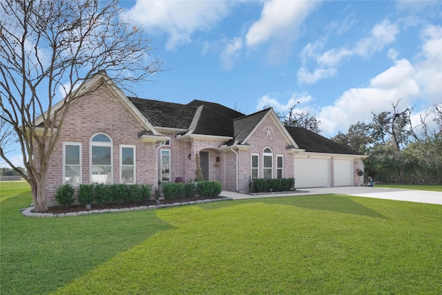 view of front of house featuring an attached garage, driveway, a front lawn, and brick siding