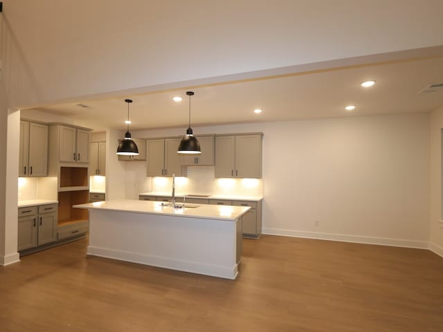 8515 Pier Cove Dr, Cypress, TX 77433 - kitchen featuring gray cabinetry, dark wood-type flooring, and recessed lighting