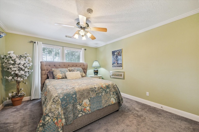 carpeted bedroom with ceiling fan, crown molding, and a textured ceiling