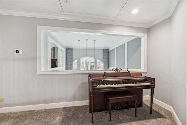 miscellaneous room with crown molding and carpet flooring