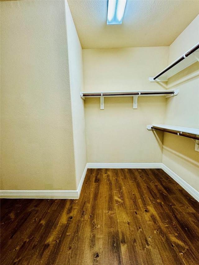 walk in closet with dark hardwood / wood-style flooring