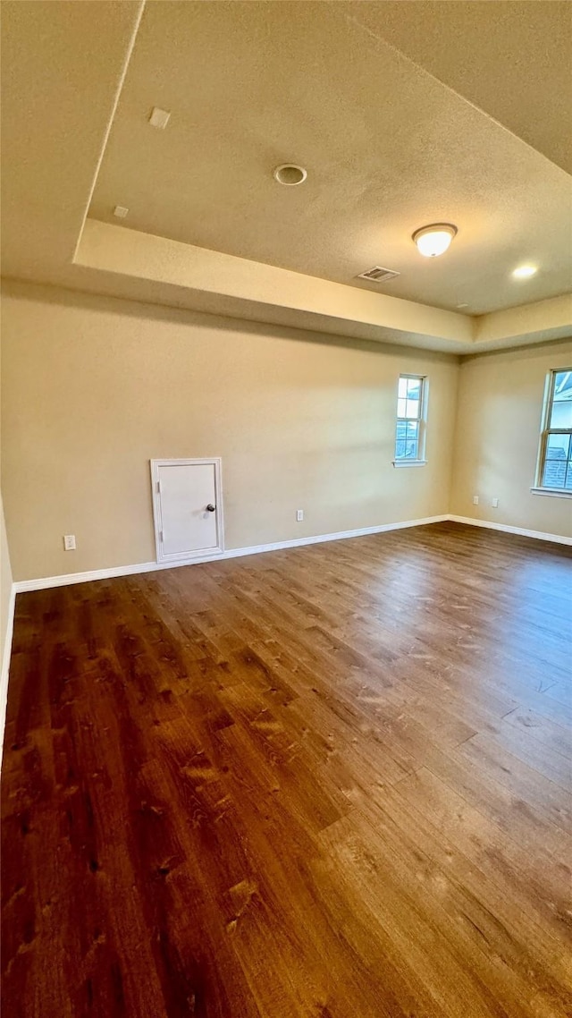 spare room with a tray ceiling, a healthy amount of sunlight, and hardwood / wood-style flooring