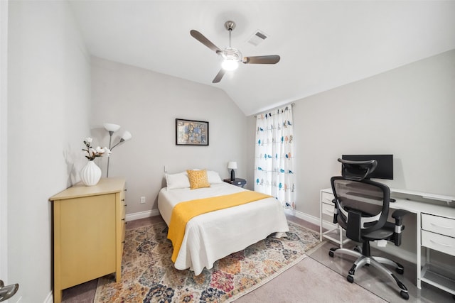 bedroom with ceiling fan and vaulted ceiling