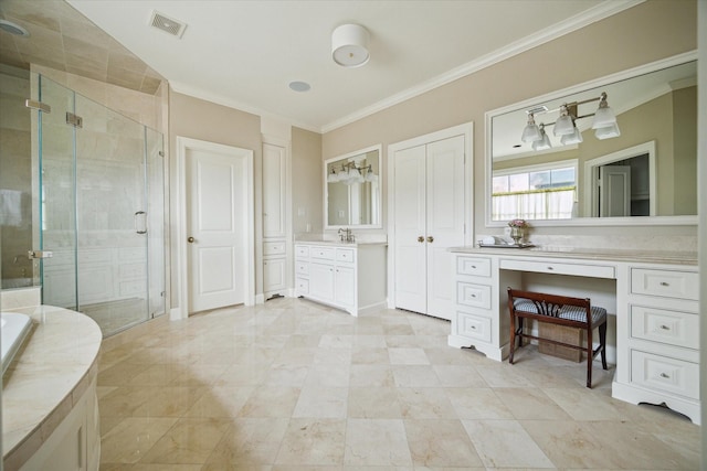 bathroom with vanity, crown molding, and walk in shower