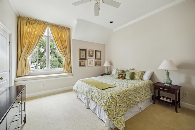 bedroom with ceiling fan, ornamental molding, and light carpet