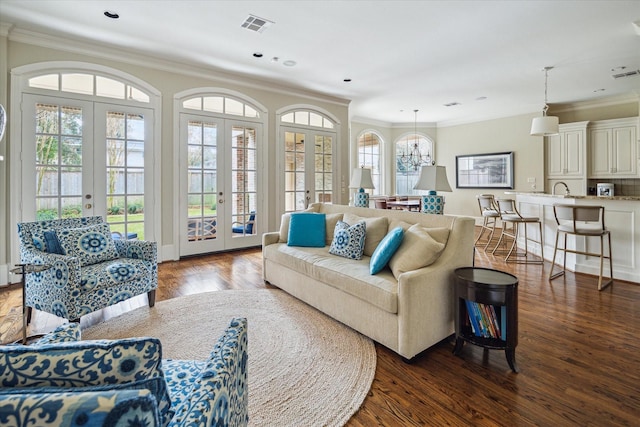 living room with a wealth of natural light, dark hardwood / wood-style flooring, and french doors