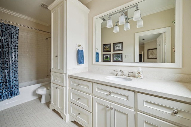 full bathroom featuring tile patterned flooring, vanity, ornamental molding, shower / bath combination with curtain, and toilet