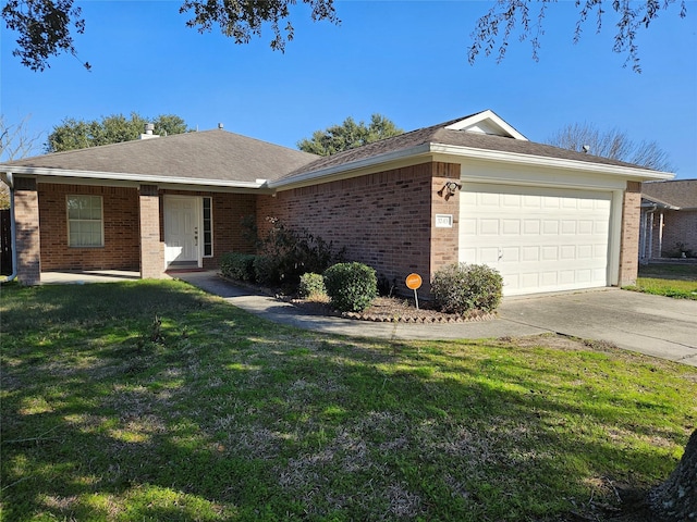 ranch-style home featuring a garage and a front lawn