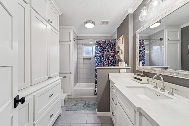 bathroom featuring crown molding, tile patterned flooring, vanity, shower / bath combo, and a textured ceiling