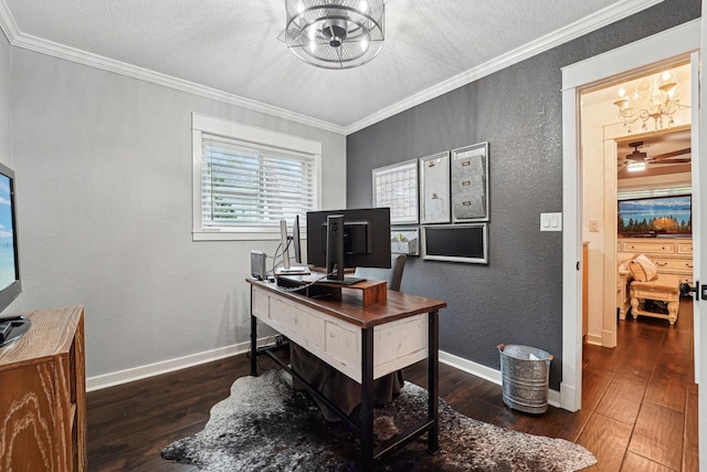 office space featuring ornamental molding, ceiling fan with notable chandelier, a textured ceiling, and dark hardwood / wood-style flooring