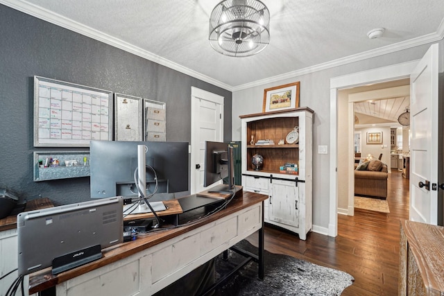 office with ornamental molding, dark hardwood / wood-style floors, a textured ceiling, and a notable chandelier