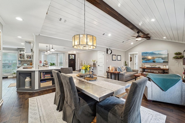 dining room featuring lofted ceiling with beams, plenty of natural light, dark wood-type flooring, and wooden ceiling