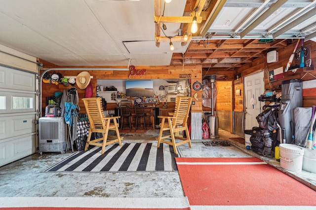 garage with wood walls