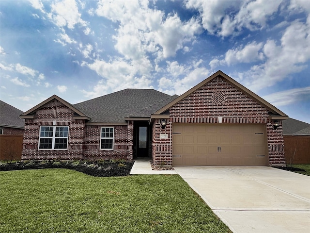 ranch-style house featuring an attached garage, brick siding, driveway, roof with shingles, and a front yard