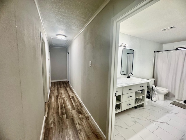 hall featuring crown molding, sink, and a textured ceiling