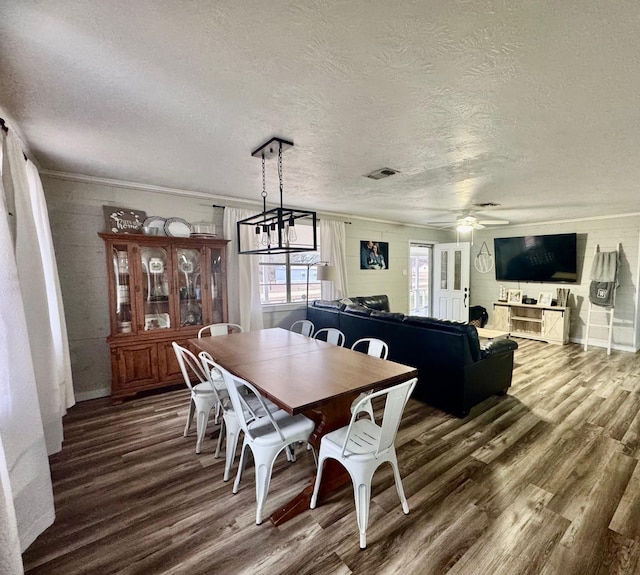 dining room with dark wood-type flooring and a textured ceiling