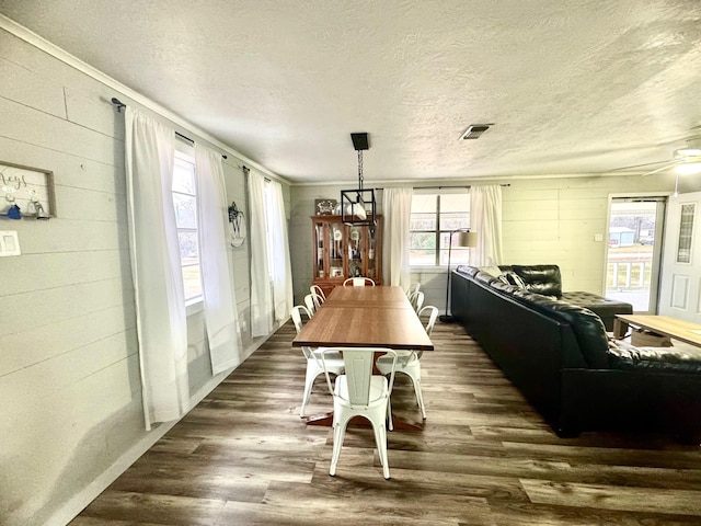 dining room featuring dark hardwood / wood-style floors, a textured ceiling, and wood walls