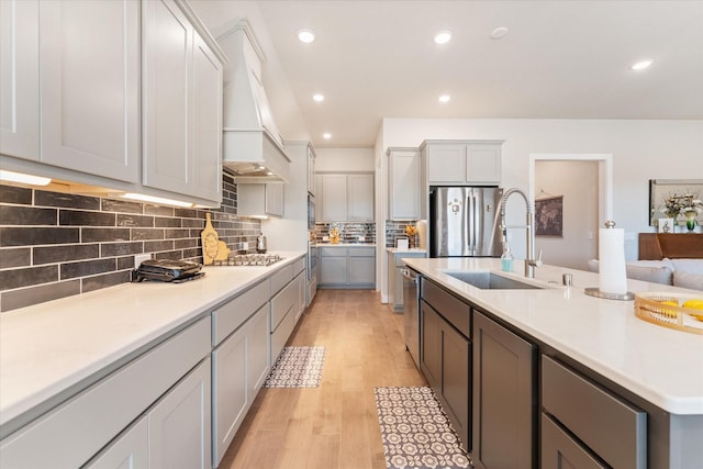 kitchen with sink, gray cabinetry, backsplash, stainless steel appliances, and light hardwood / wood-style flooring