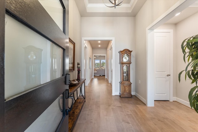 hall featuring a raised ceiling, ornamental molding, and light wood-type flooring