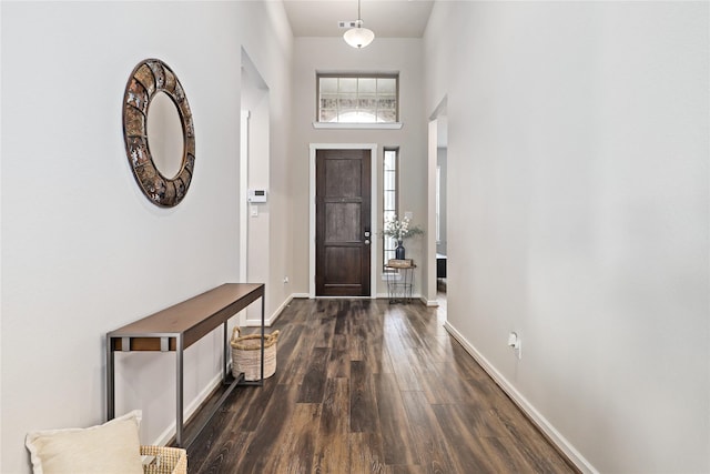 foyer entrance with dark wood-type flooring and a towering ceiling