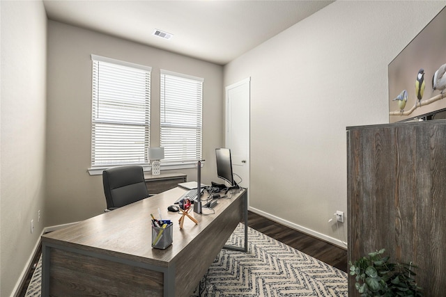 office area with dark hardwood / wood-style flooring