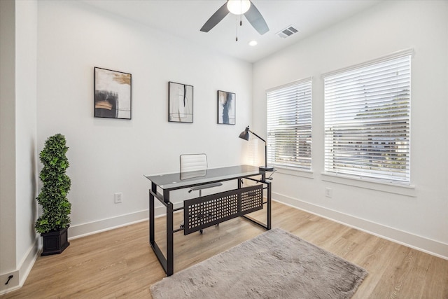 office area featuring ceiling fan and light hardwood / wood-style flooring