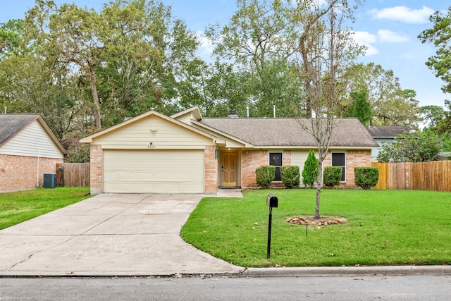 single story home with a garage, central AC, and a front lawn