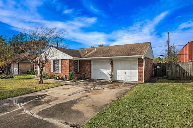 ranch-style house with a garage and a front lawn