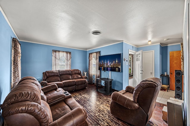 living room featuring crown molding, light hardwood / wood-style flooring, and a textured ceiling