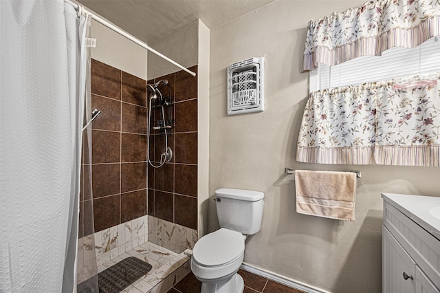 bathroom featuring walk in shower, tile patterned floors, vanity, and toilet