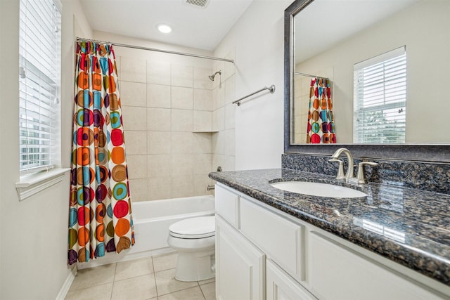 full bathroom with toilet, tile patterned floors, shower / bathtub combination with curtain, and vanity