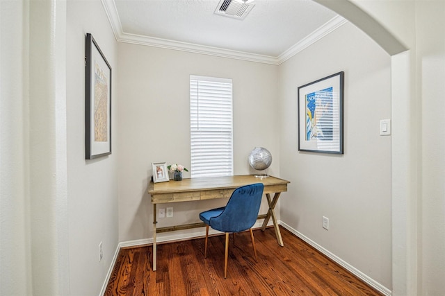 office space with hardwood / wood-style floors and crown molding