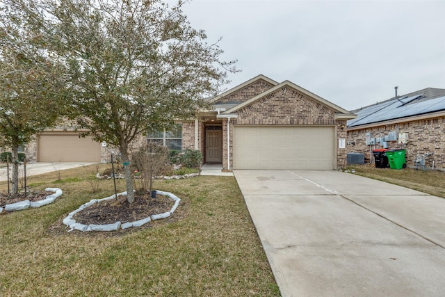 view of front facade featuring cooling unit, a garage, and a front lawn