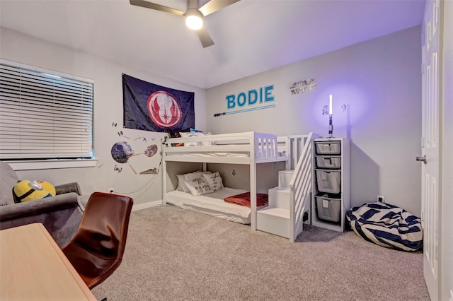 bedroom featuring ceiling fan and carpet floors